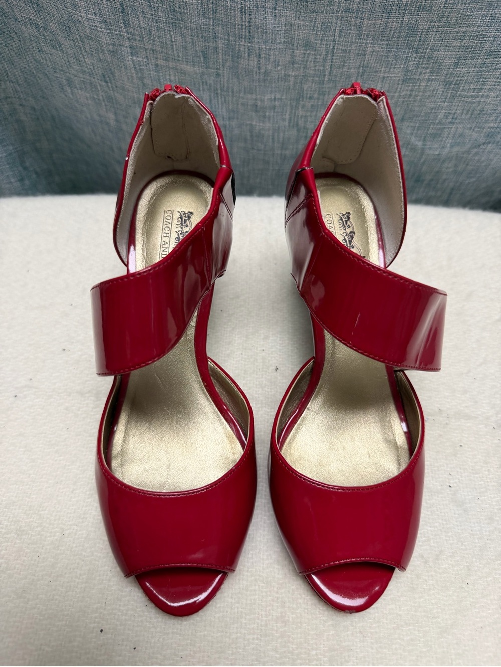 Coach Red Patent Leather Peep-Toe Heels with Wide Strap